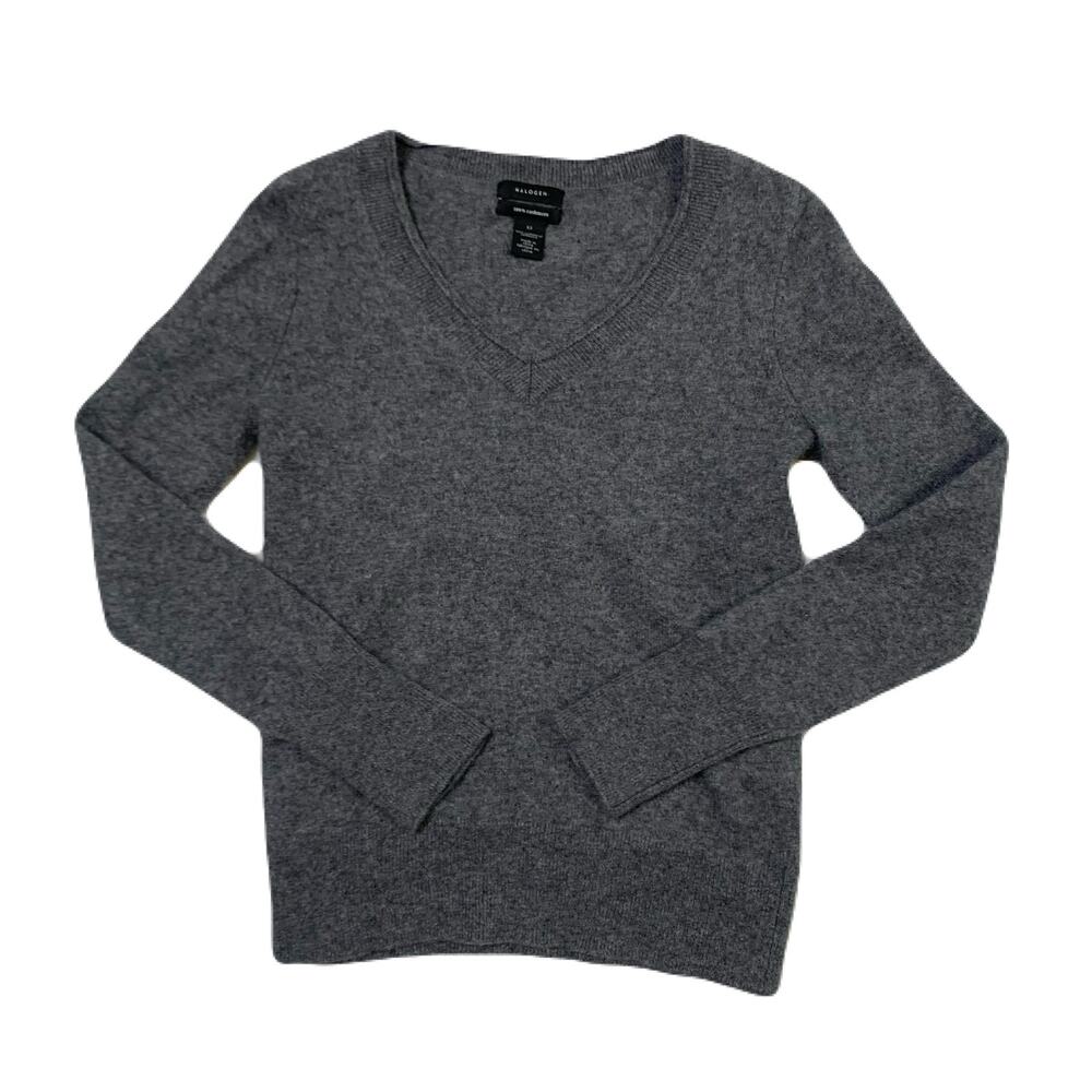 Halogen Cashmere Gray V neck Fine Ribbed Cozy timeless sweater xs